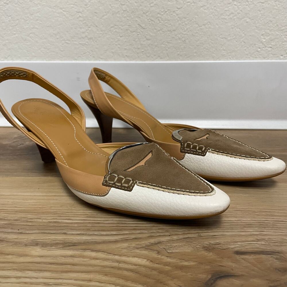 Tod’s Debbie Slingback pumps pointed toe loafer style tan brow white size 8.5